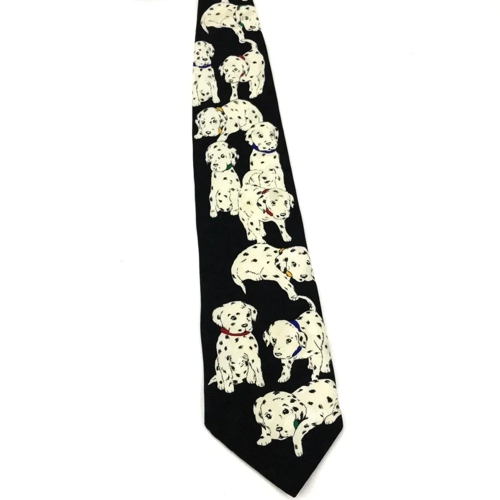 ADDICTION Dalmatian Dogs Tie Puppies Pets Paws Black Silk Handmade Korea Necktie